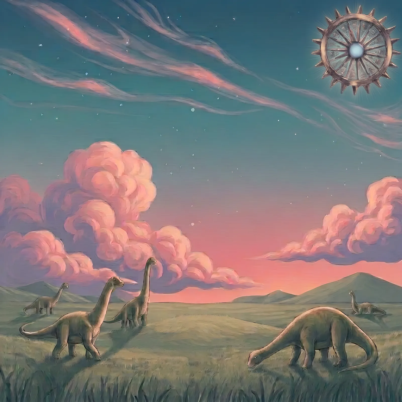 A painted dusk pasture where brontosaurus graze beneath a brass gear-shaped sun.