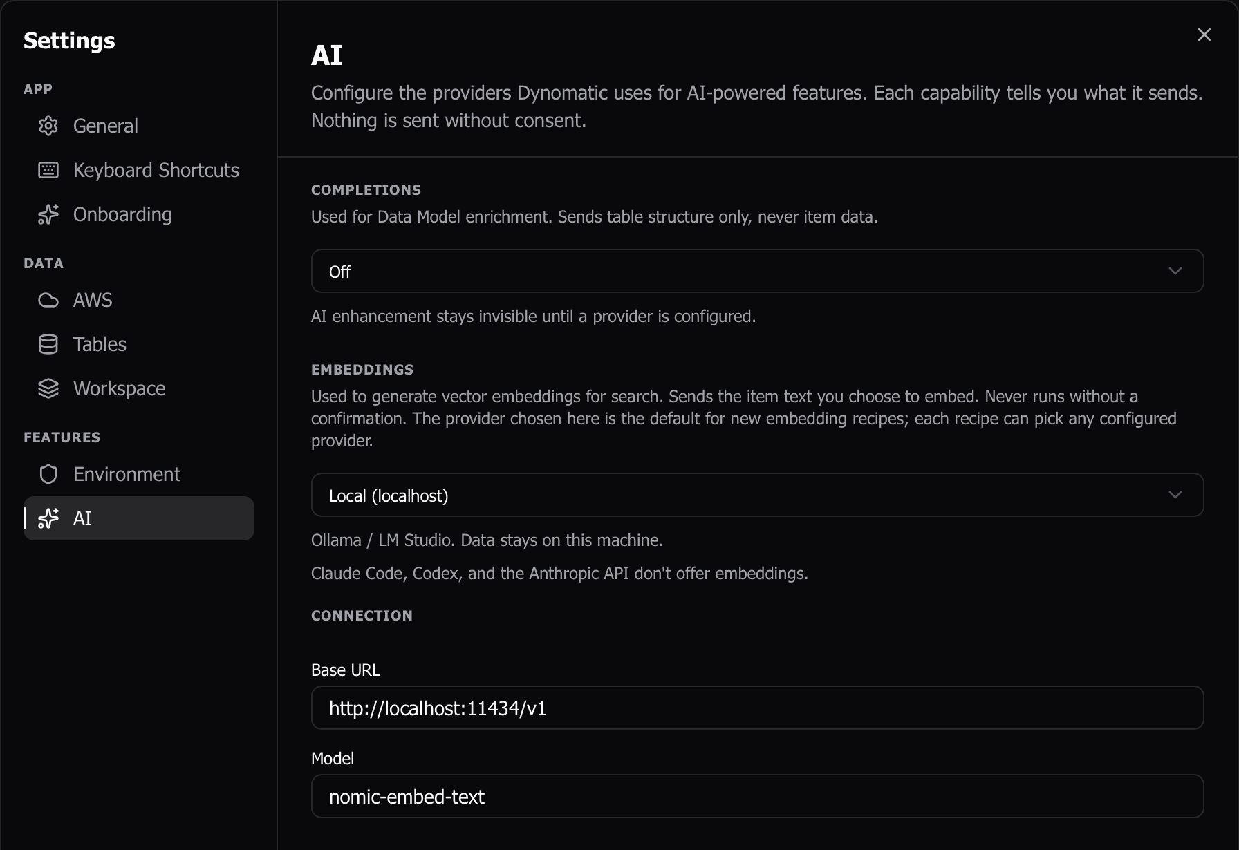 AI settings, Completions and Embeddings