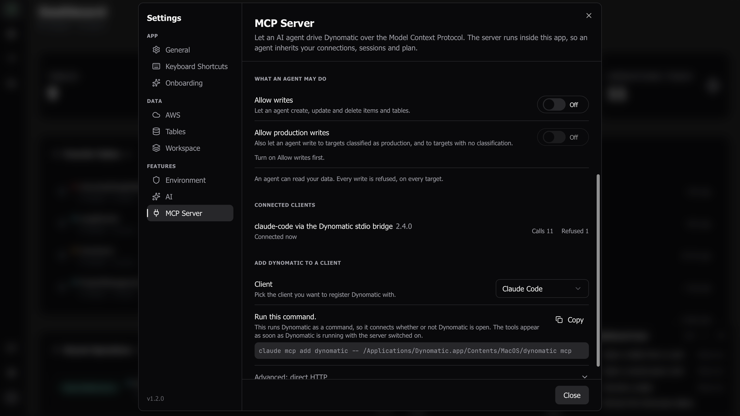 Connect AI agents through the MCP server