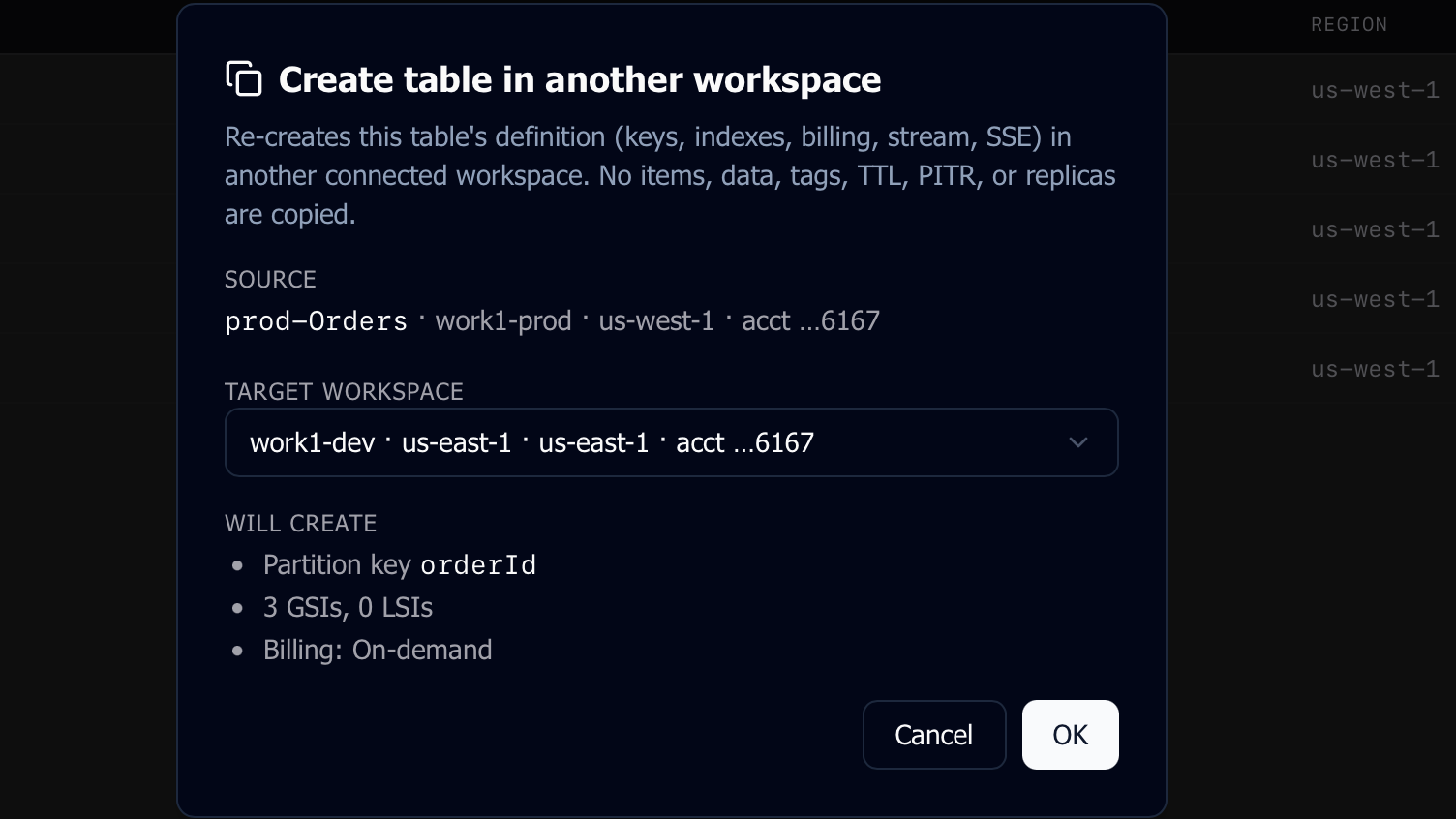 Create a table in another connected workspace
