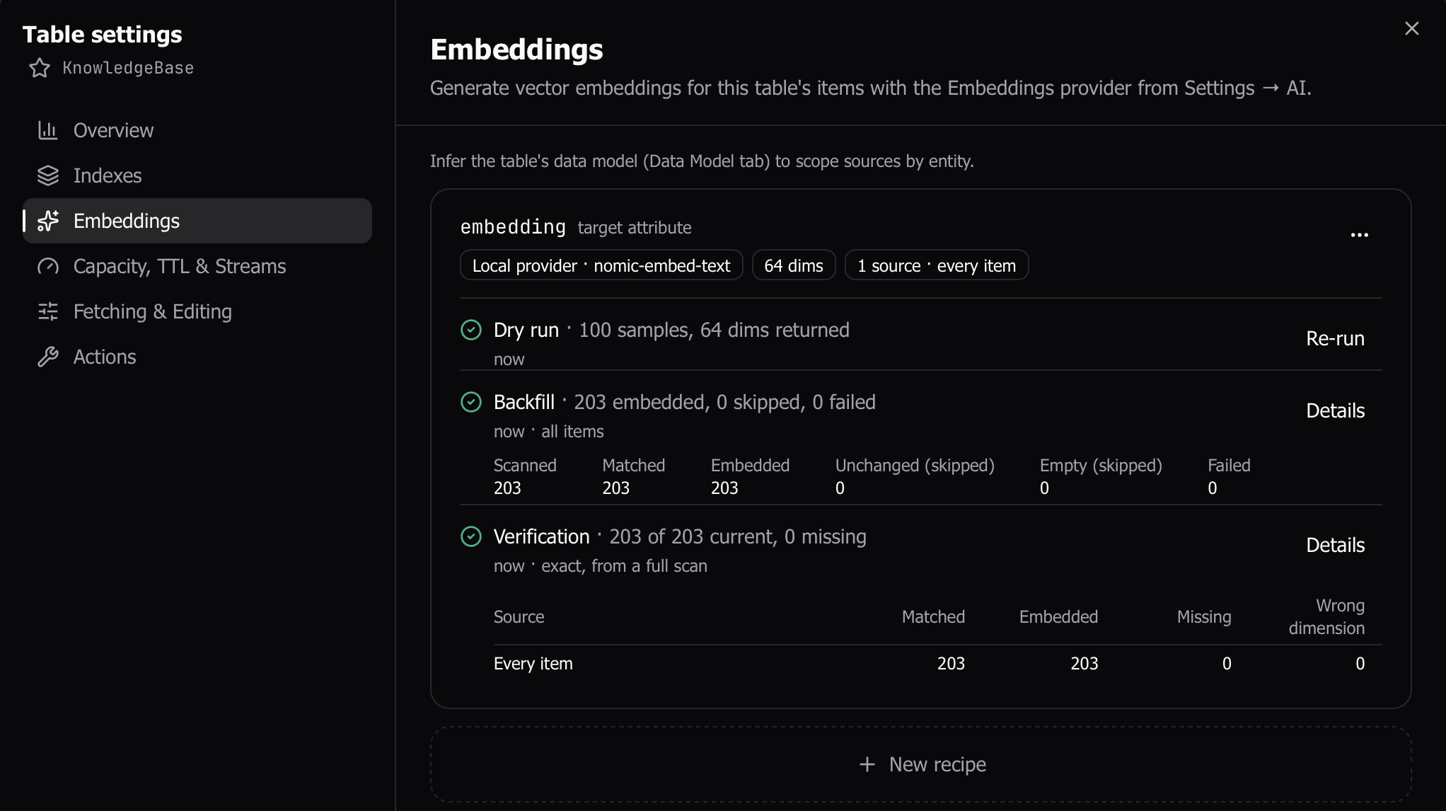 Embedding recipes, backfill, and verification