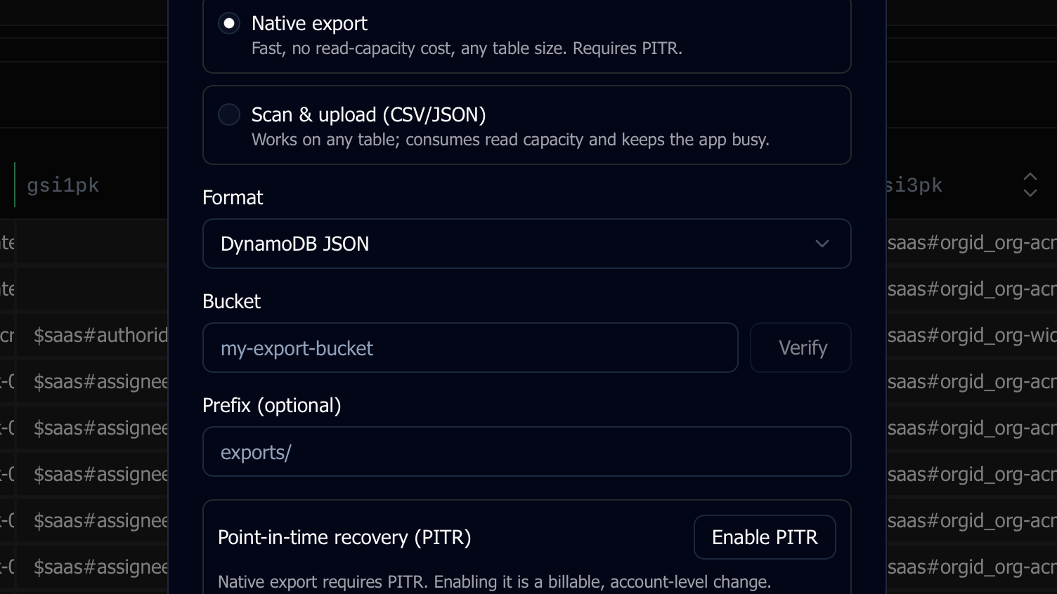 Export an entire table to S3