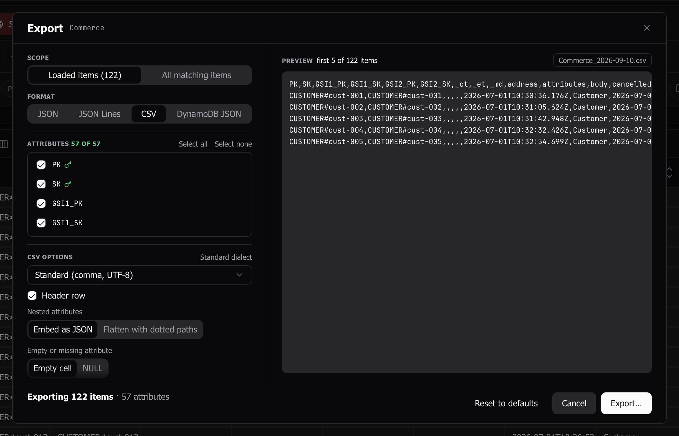 The Export dialog