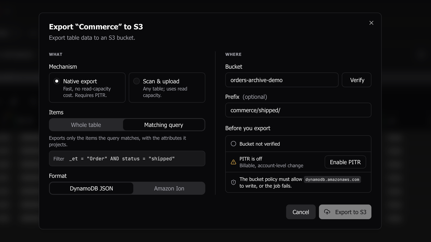 Export only the items a query matches to S3