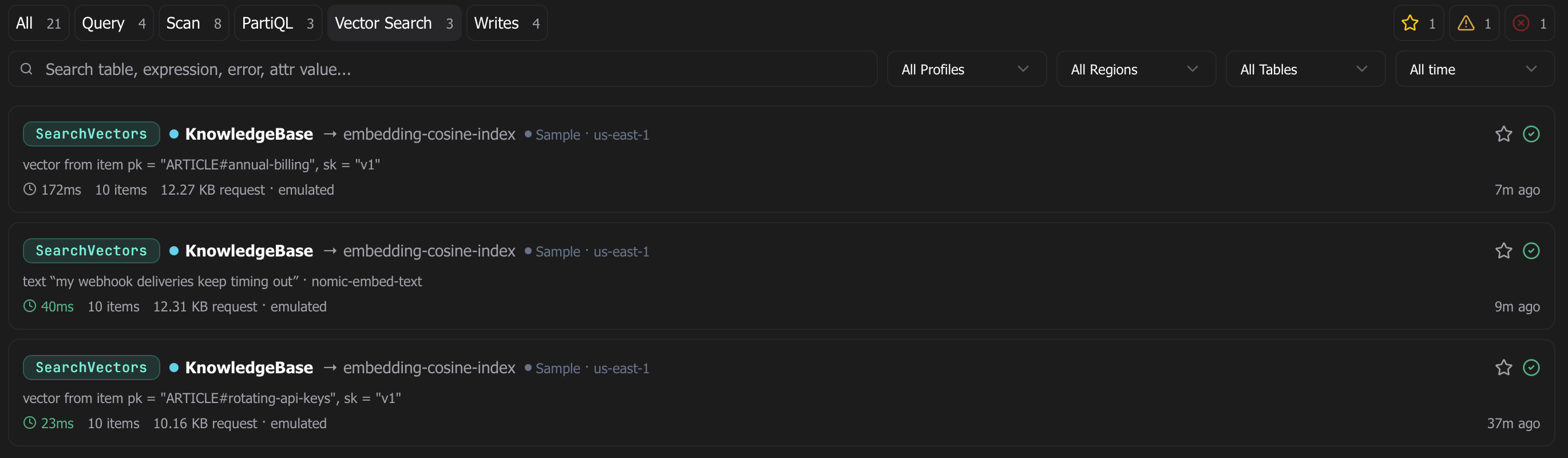 Vector Search pill on the History page