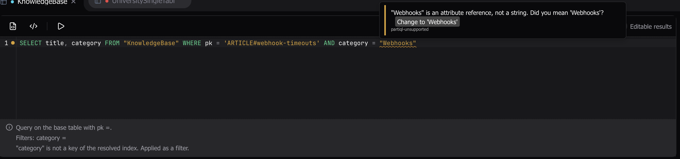 PartiQL validates as you type