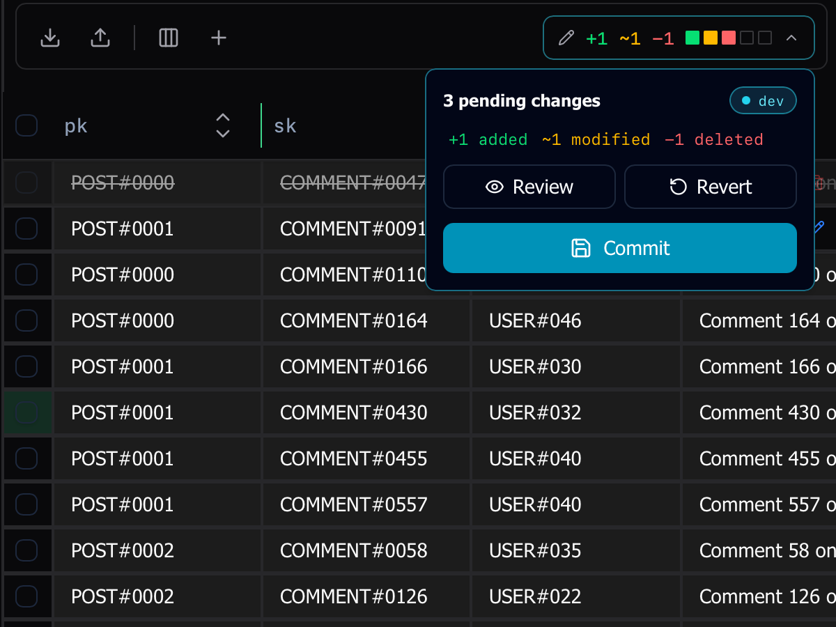 Redesigned table actions bar with at-a-glance pending changes