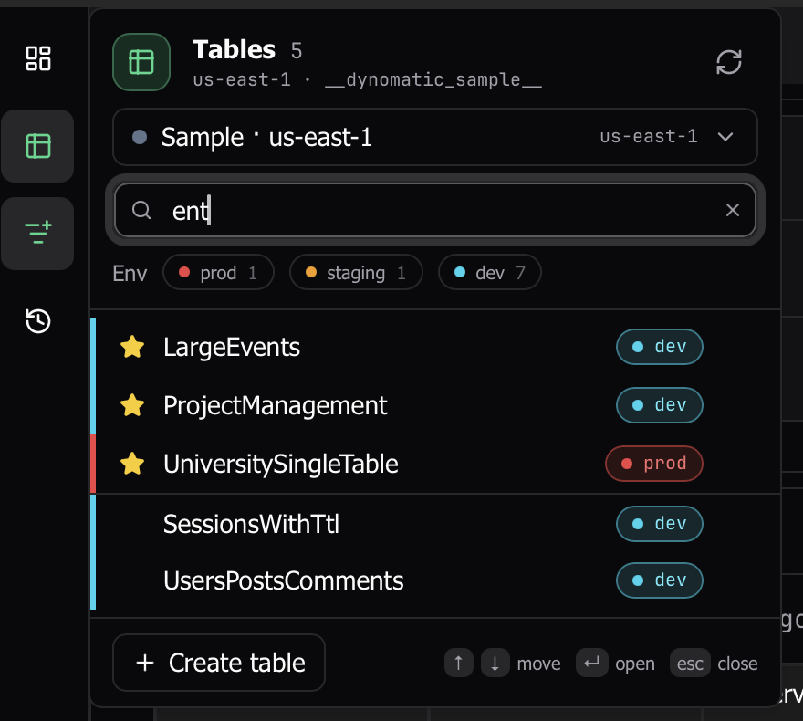 The Tables page is now a popover