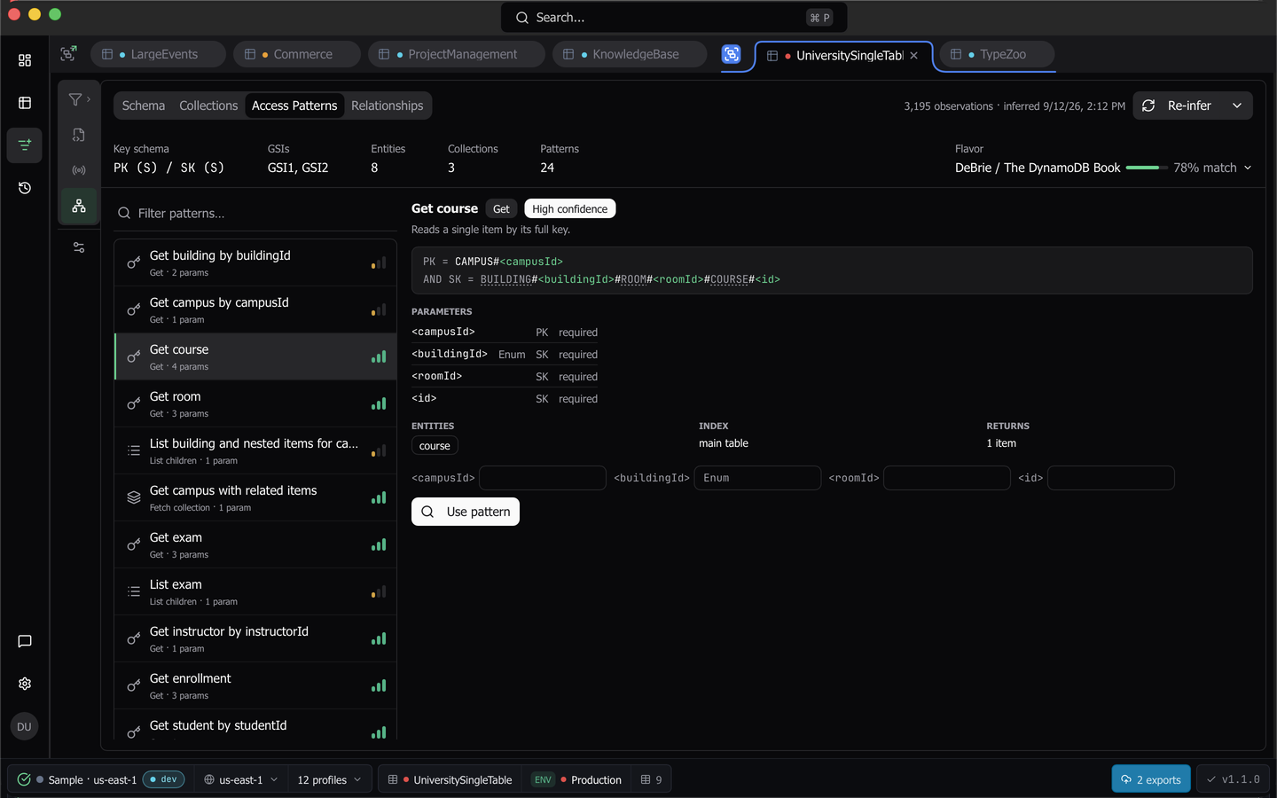The Access Patterns sub-tab with a pattern selected and its detail pane