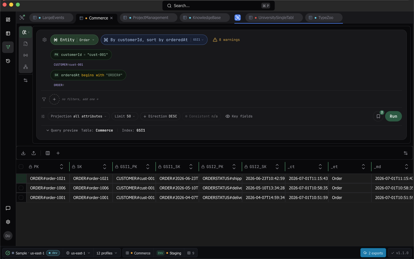 The schema-aware query bar with an entity, an access pattern and composed key pills