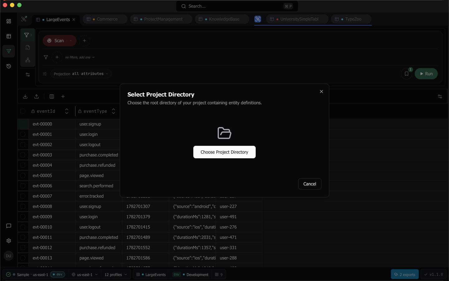 The schema import wizard reviewing the entity files it detected