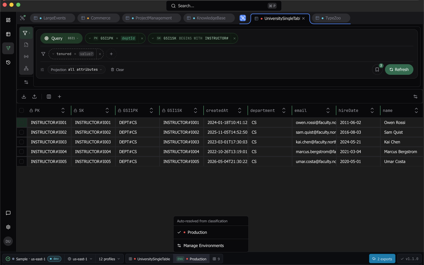 The status bar environment popover showing the tier resolved for the current table