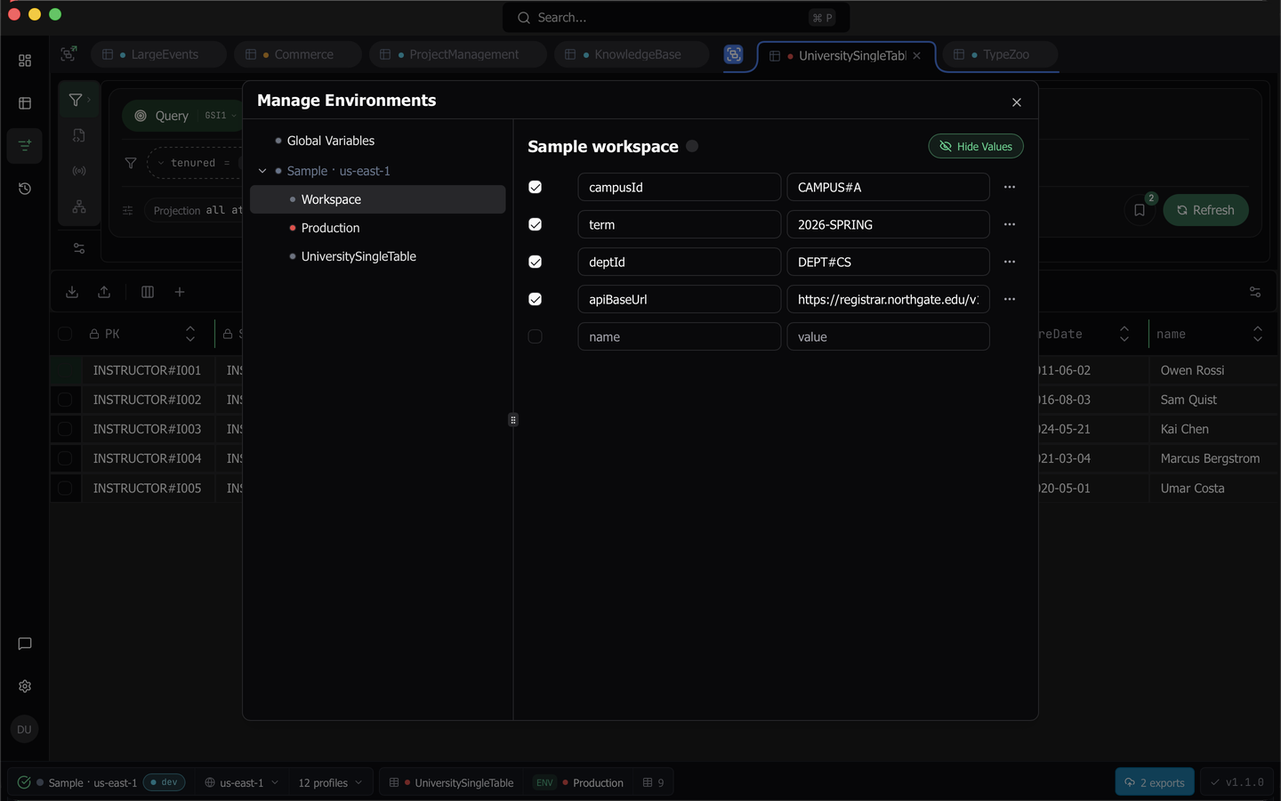 The Manage Environments dialog with the environment tree on the left and the pair editor on the right