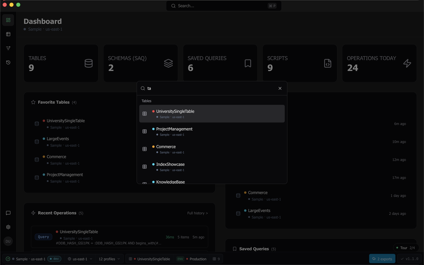 The command palette open over the app, showing grouped results