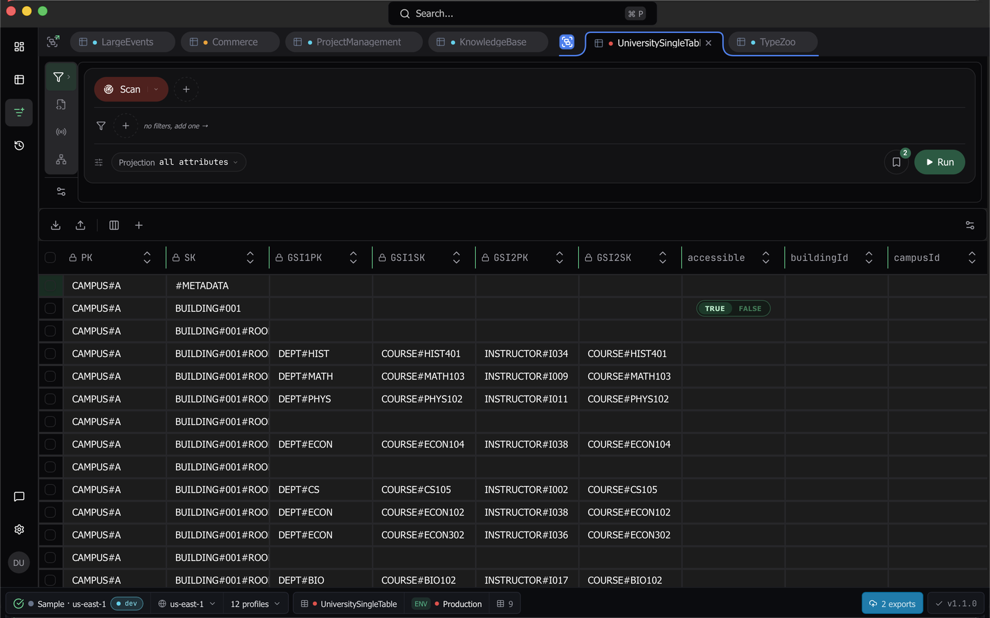 The Dynomatic main window with a query tab open on a table and results in the grid
