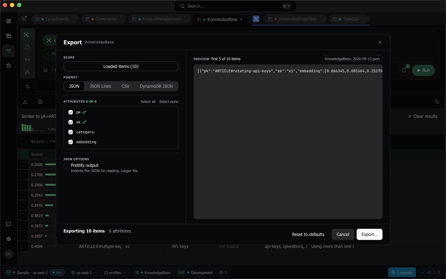 The export dialog with options on the left and a live preview of the first rows on the right