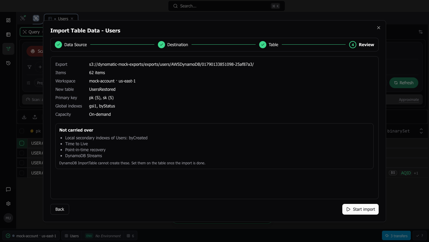 The Review step listing the request and what ImportTable does not carry over