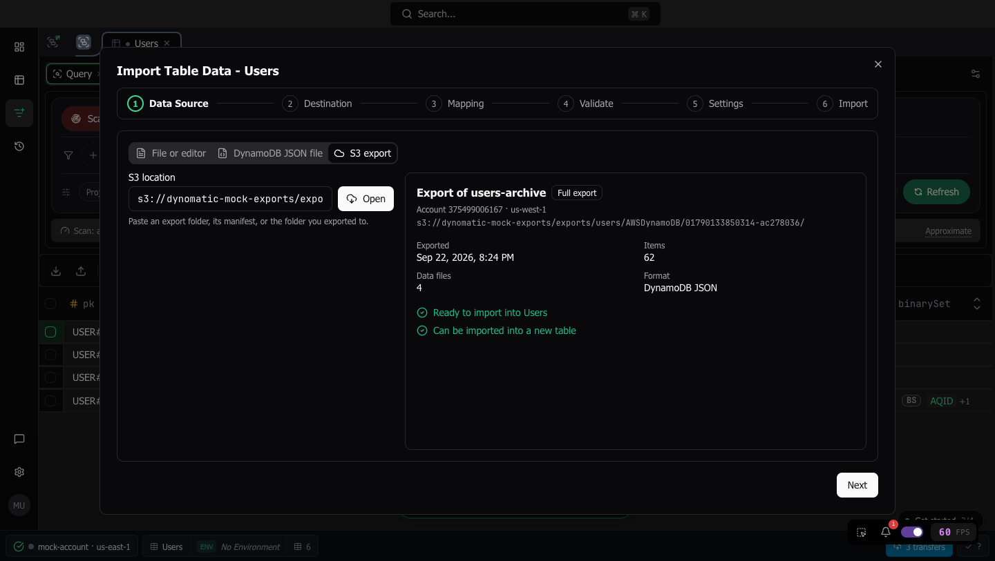 The S3 export tab with an opened export summarized above its destinations