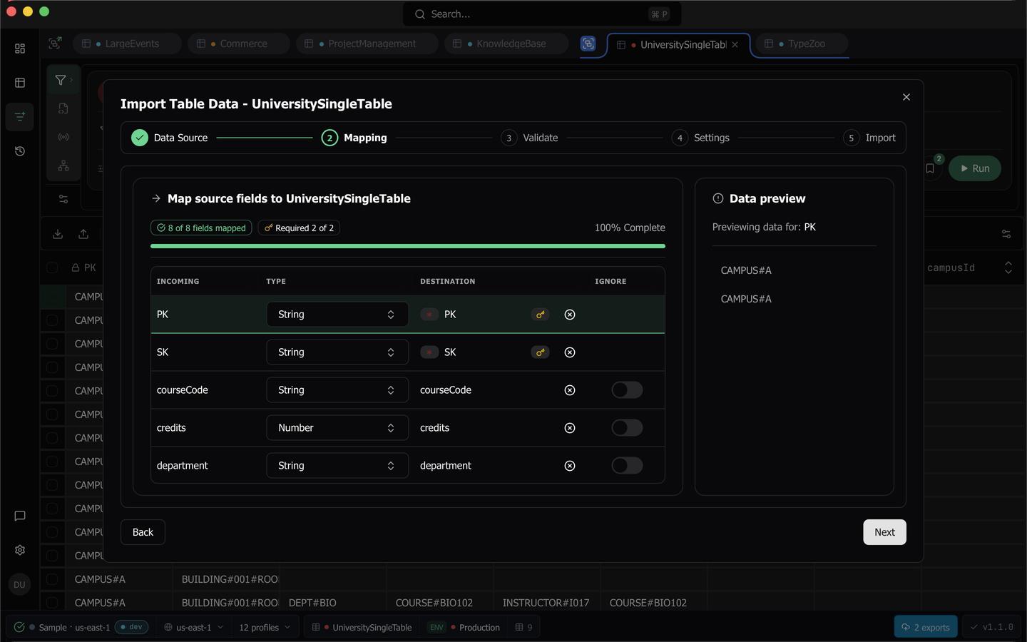 The Mapping step with incoming fields matched to destination attributes