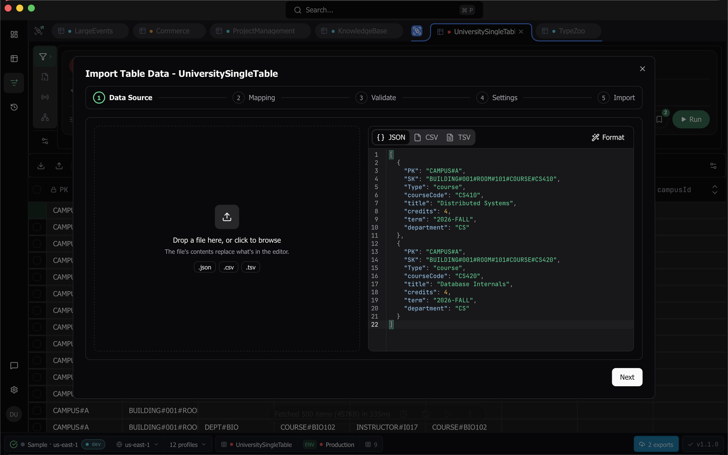 The import wizard on its Data Source step with the editor holding a JSON template