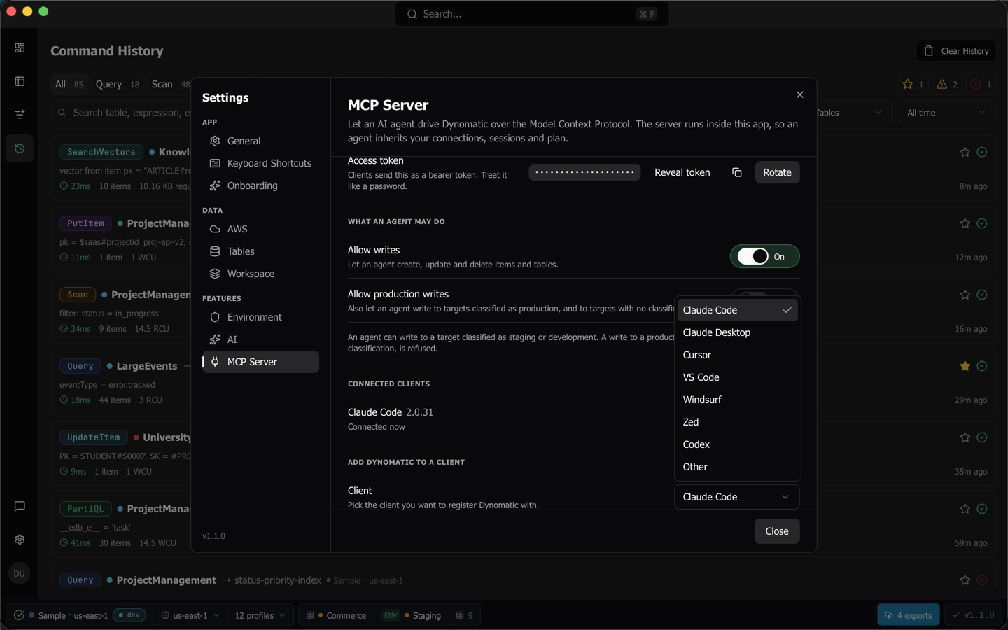 The client picker listing Claude Code, Claude Desktop, Cursor, VS Code, Windsurf, Zed, Codex and Other