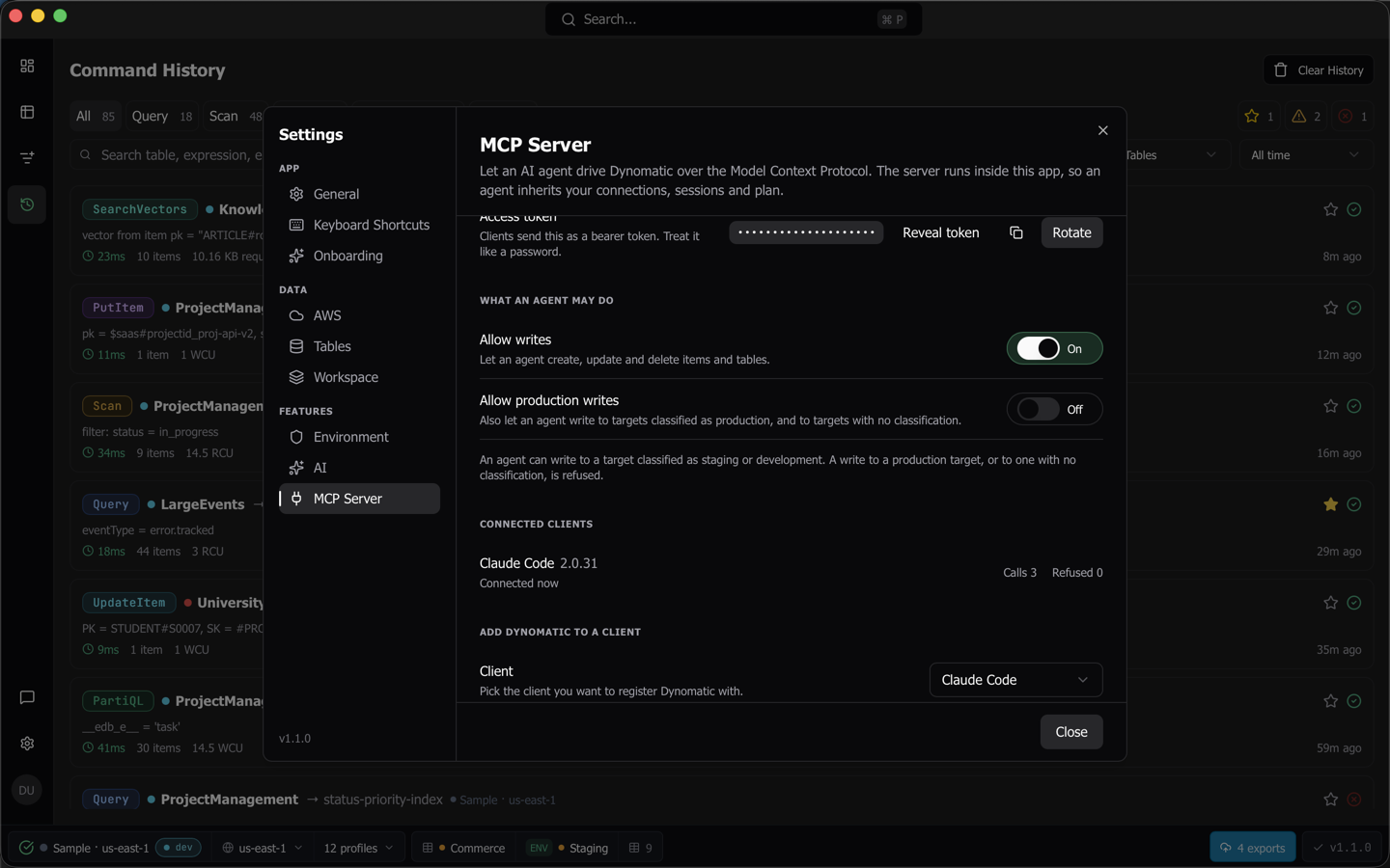 The connected clients list showing one client with its call counts