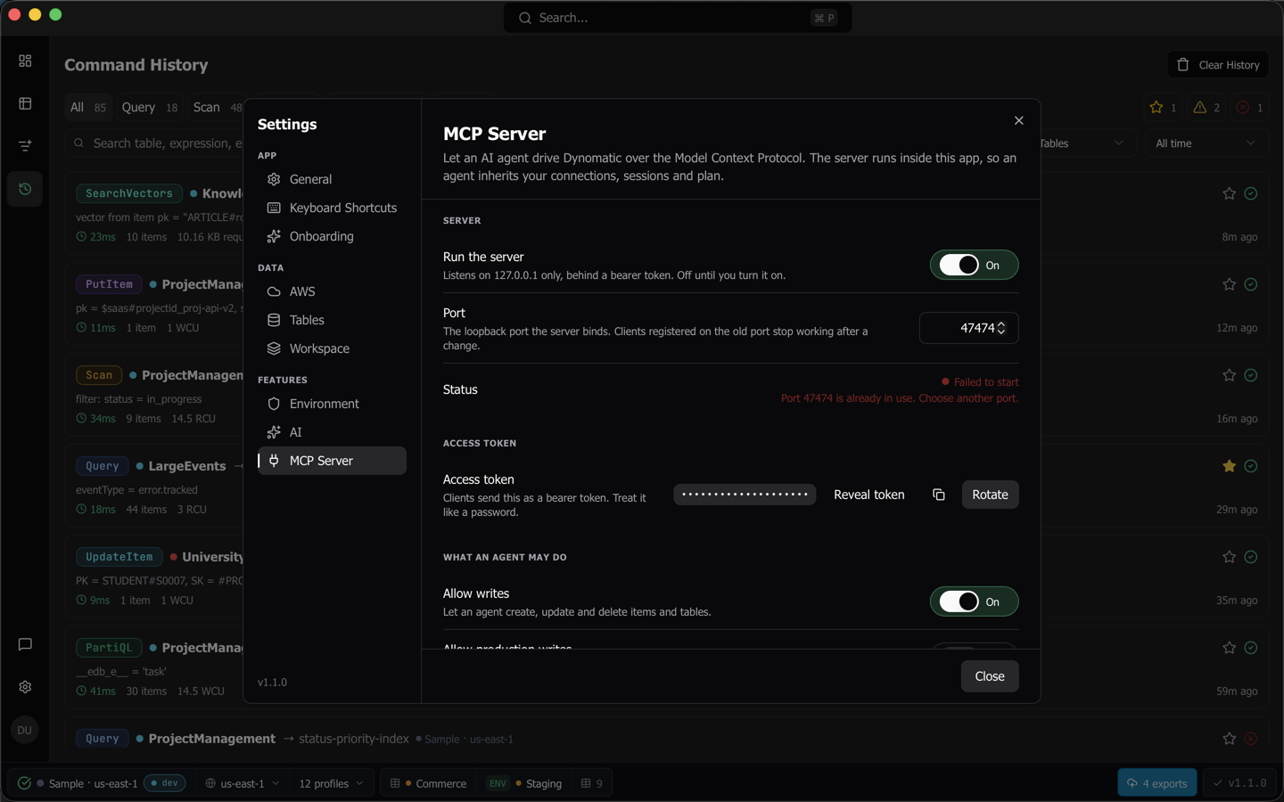 The status line reporting that the chosen port is already in use