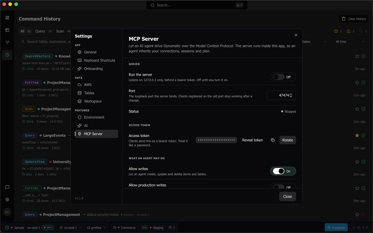 The MCP Server settings pane with the server stopped