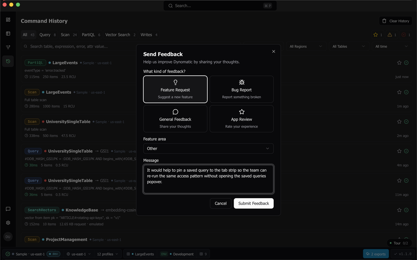 The Send Feedback dialog with the four feedback type cards