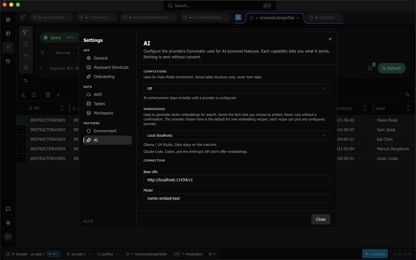 The AI settings pane with the Completions and Embeddings sections