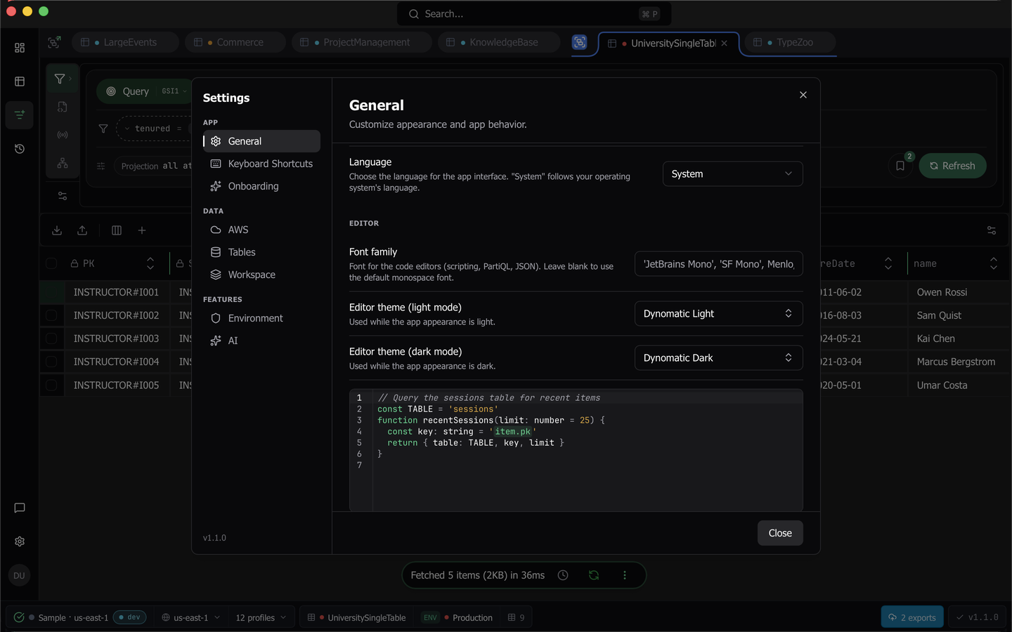 The General settings pane with the editor theme pickers and the live preview editor