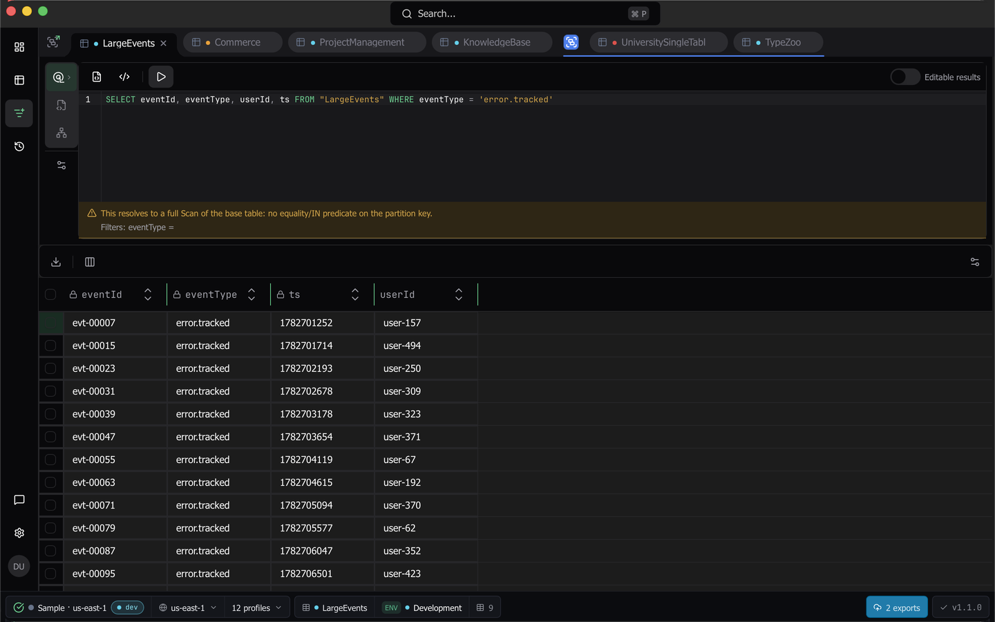 The PartiQL editor with a statement, the advisory strip and results