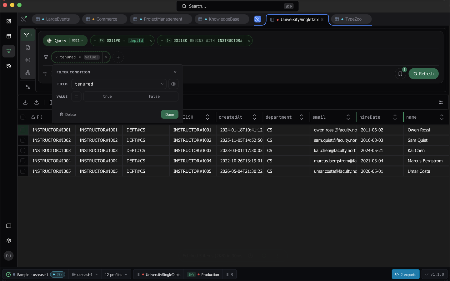 A filter pill open on its condition editor