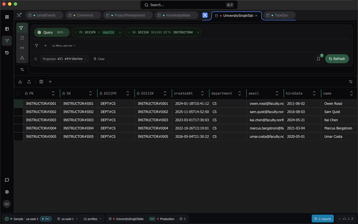 The query builder with a key condition pill, filter pills and results in the grid