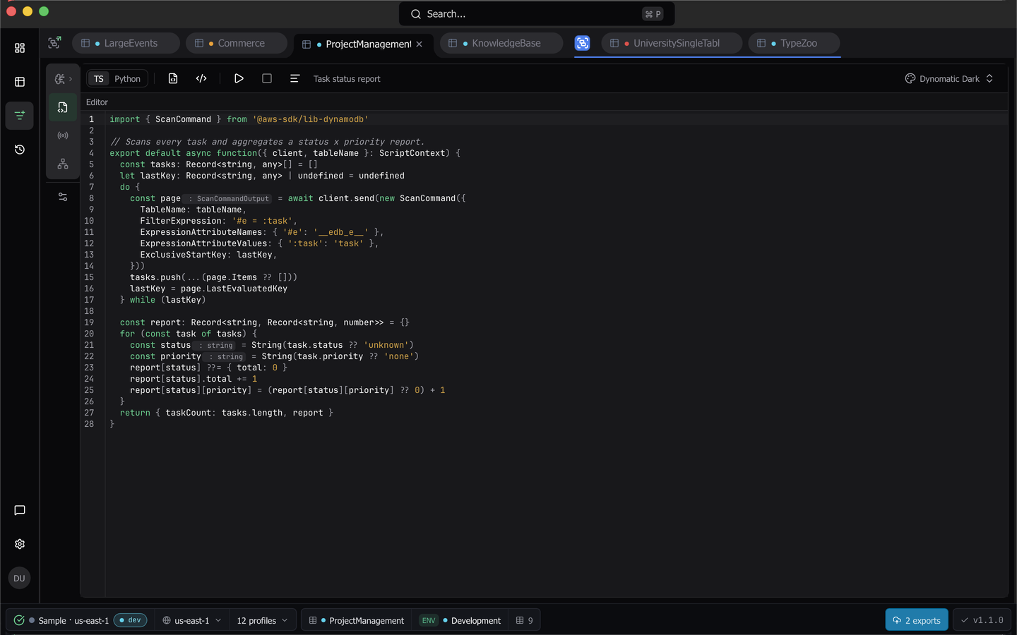 The script editor in a query tab with a TypeScript buffer above and the output pane below