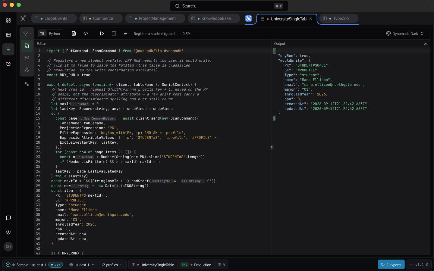 The output pane showing a run's result as read-only JSON