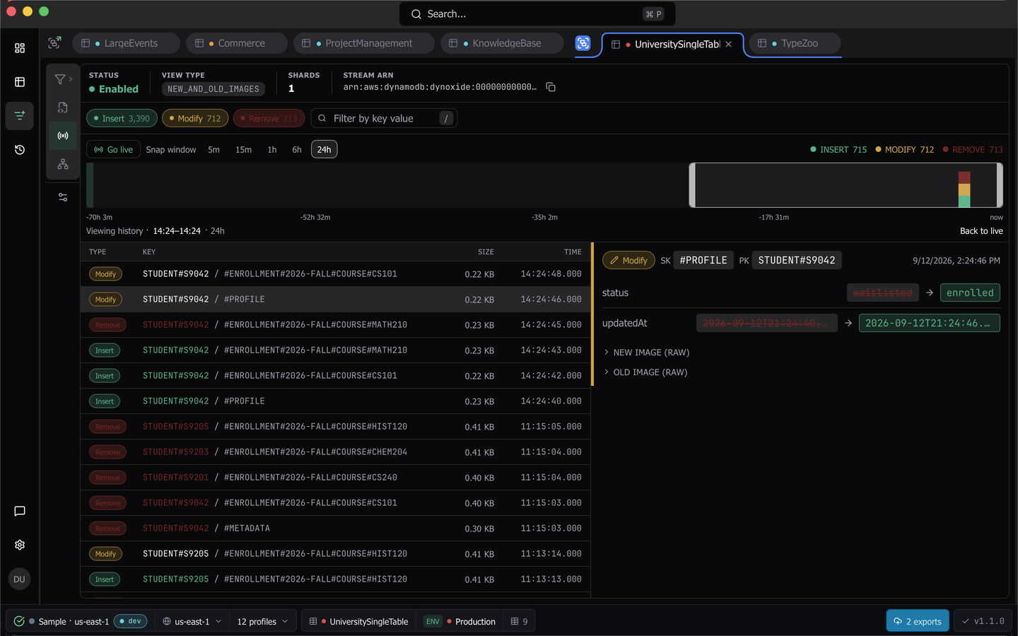 Stream history with the event-volume histogram and the time-selection window