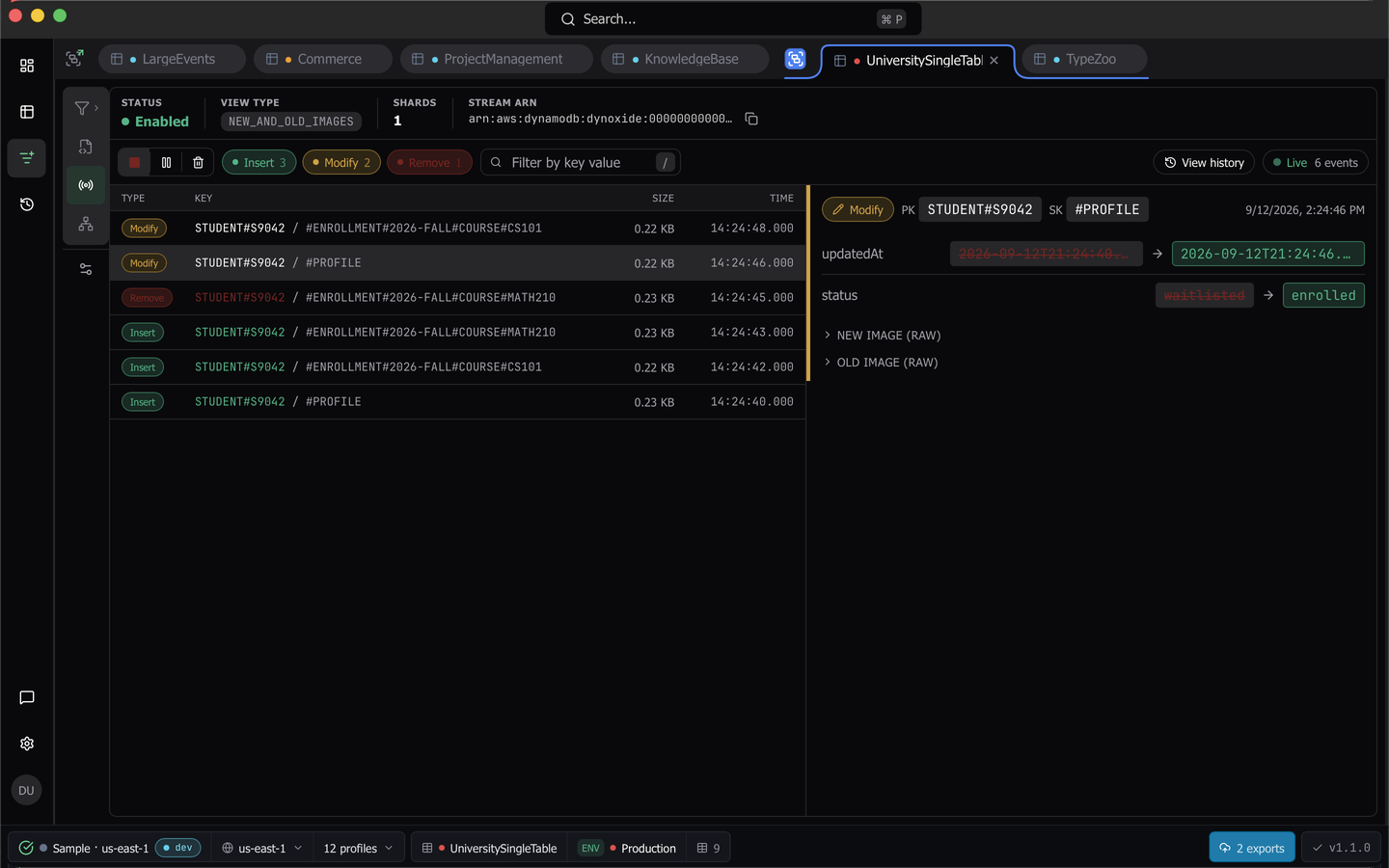 The Streams slot with a live tail running and records listed newest first