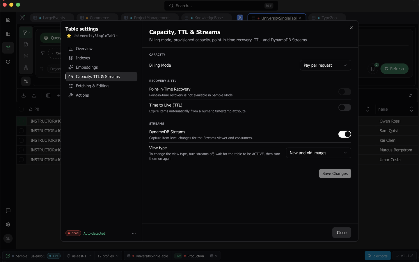 The capacity, TTL, and streams pane