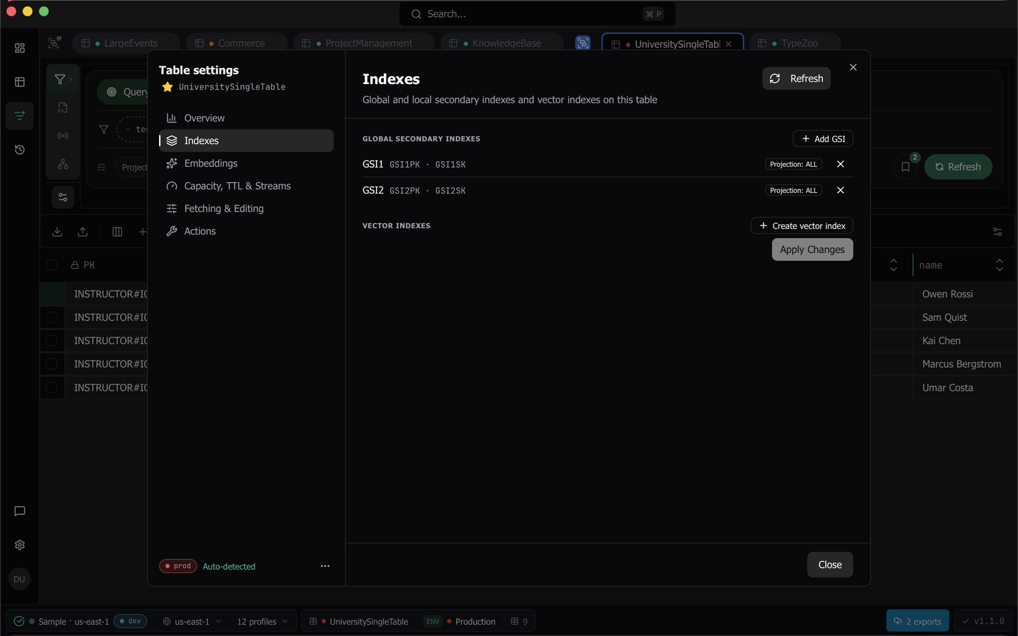 The Indexes pane of the table settings dialog