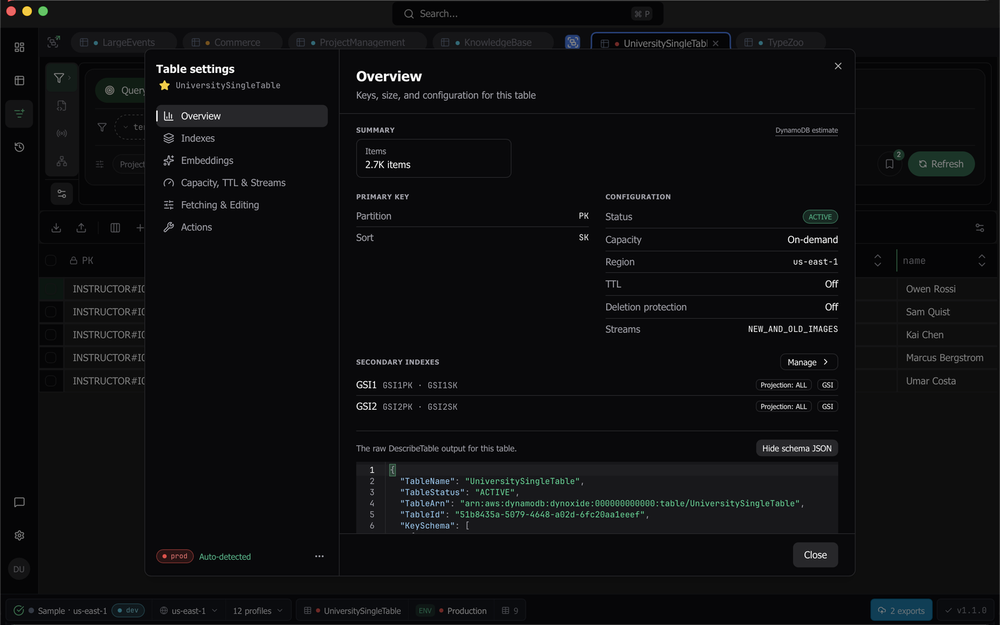 The read-only schema viewer for a table
