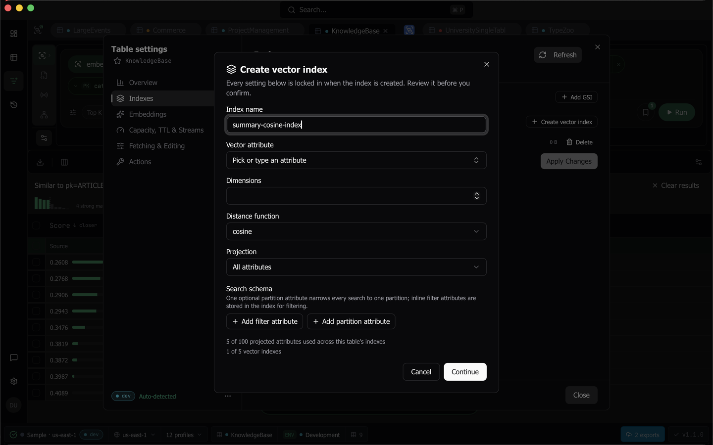 The Create vector index dialog with its fields and the two live counters